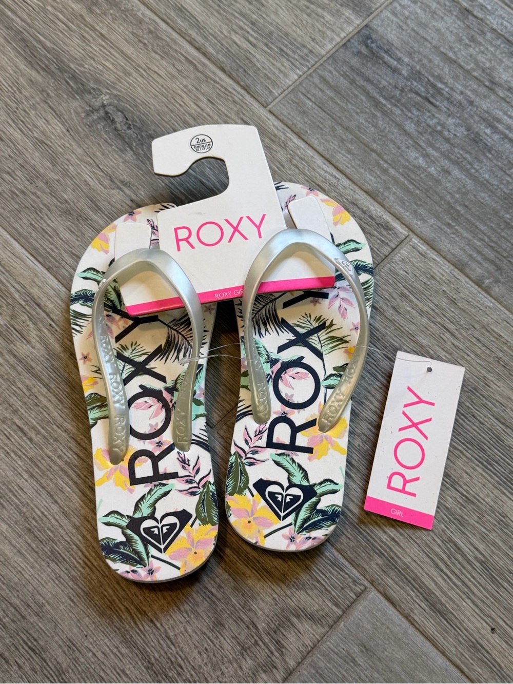 Roxy Girls' RG Tahiti VII floral flip-flops Silver Straps Size 2 Summer
Beach